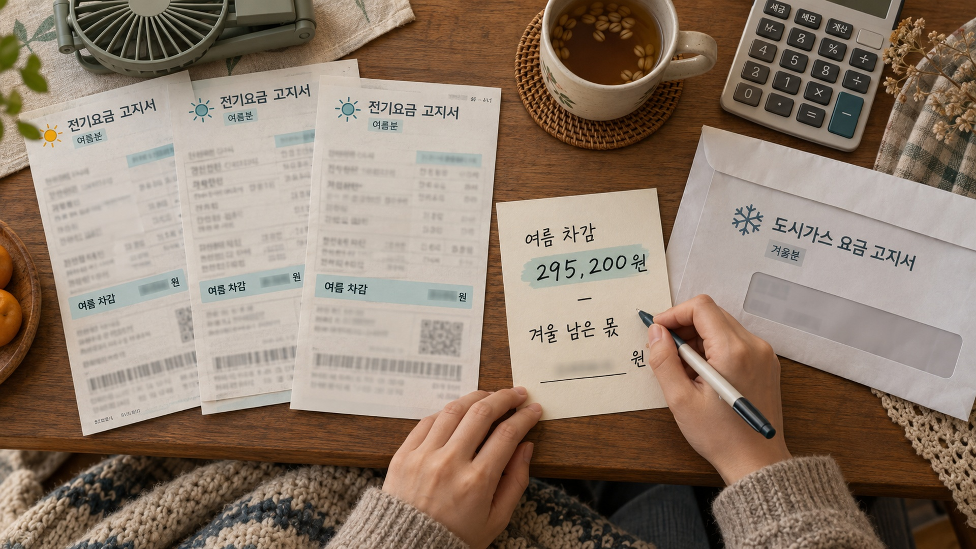 여름 전기요금 고지서와 겨울 가스요금 고지서를 나란히 둔 식탁