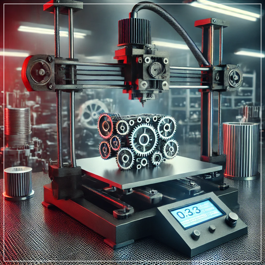 산업용 3D 프린터가 정밀한 기계 부품을 제작하는 모습