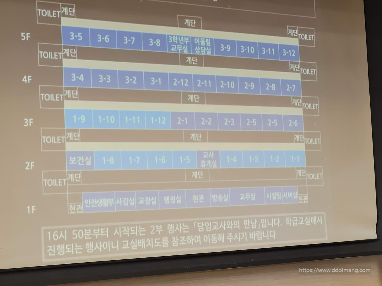 적응 캠프가 끝나고 반 배치도를 빔프로젝터로 비추는 장면