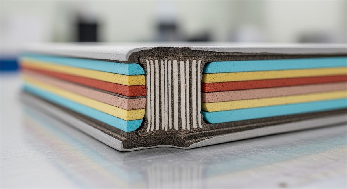 전고체 배터리 시편의 단면 구조를 보여주는 디테일 장면 