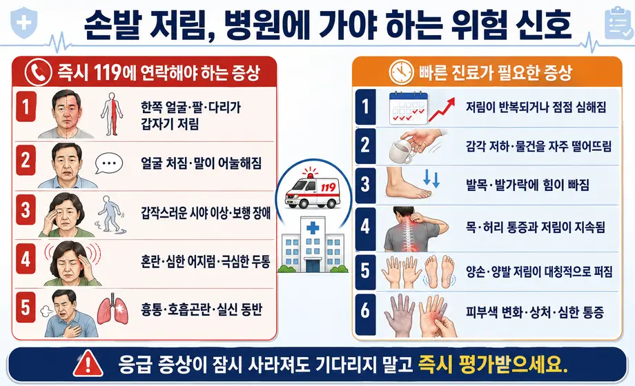 손발 저림과 함께 나타나는 한쪽 마비&middot;얼굴 처짐&middot;말하기 이상&middot;흉통&middot;호흡곤란 등 즉시 119 연락 신호와 반복 저림&middot;감각 저하&middot;근력 약화 등 빠른 진료 신호 비교 이미지