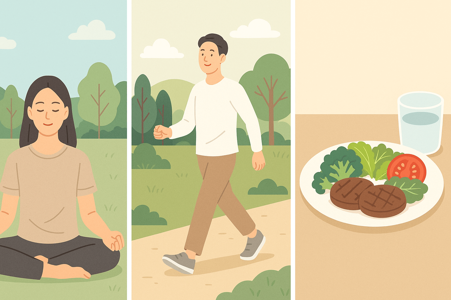 저속 노화를 상징하는 세 가지 장면: 명상하는 사람, 공원에서 산책하는 사람, 채소와 과일로 구성된 균형 잡힌 식단을 담은 삽화