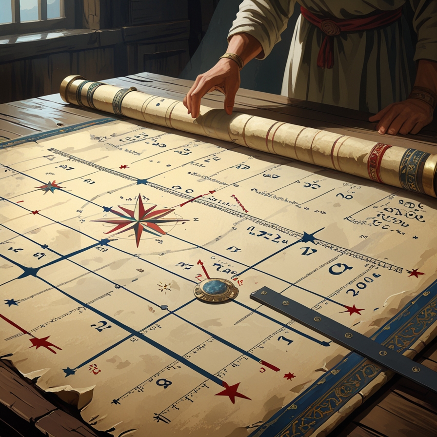 별의 등장 시점을 분석하는 고대 정보 수집 과정을 문서와 도구 중심으로 표현한 이미지