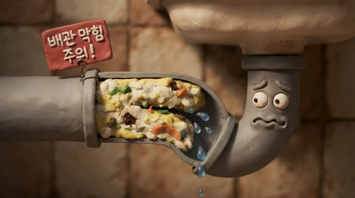 하얀 찰흙 기름 덩어리와 음식물 찌꺼기로 꽉 막힌 주방 싱크대 배수관의 단면을 아드만 스타일의 클레이 스톱모션으로 표현한 경고 일러스트