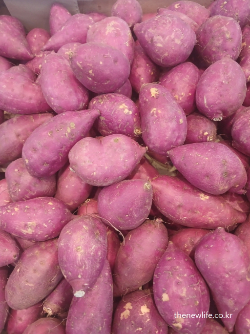 식욕억제 방법에 도움이되는 마트에서 판매 중인 신선한 고구마 더미