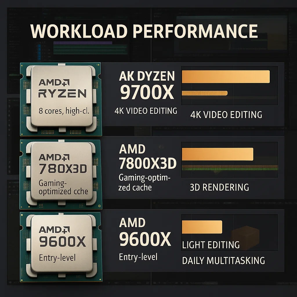 작업 성능 비교 (영상 편집, 3D 작업, 멀티태스킹)