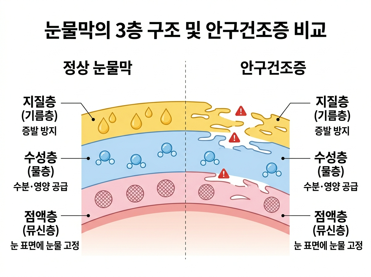 안구건조증 원인, 눈물막 구조, 지질층 수성층 점액층, 눈물막 불안정