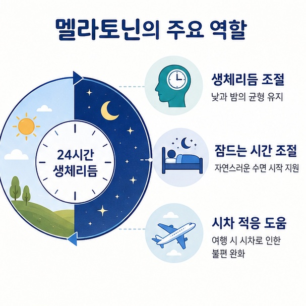 멜라토닌이 수면 시간 조절과 시차 적응, 일부 생체리듬 수면장애에 도움이 될 수 있음을 정리한 이미지