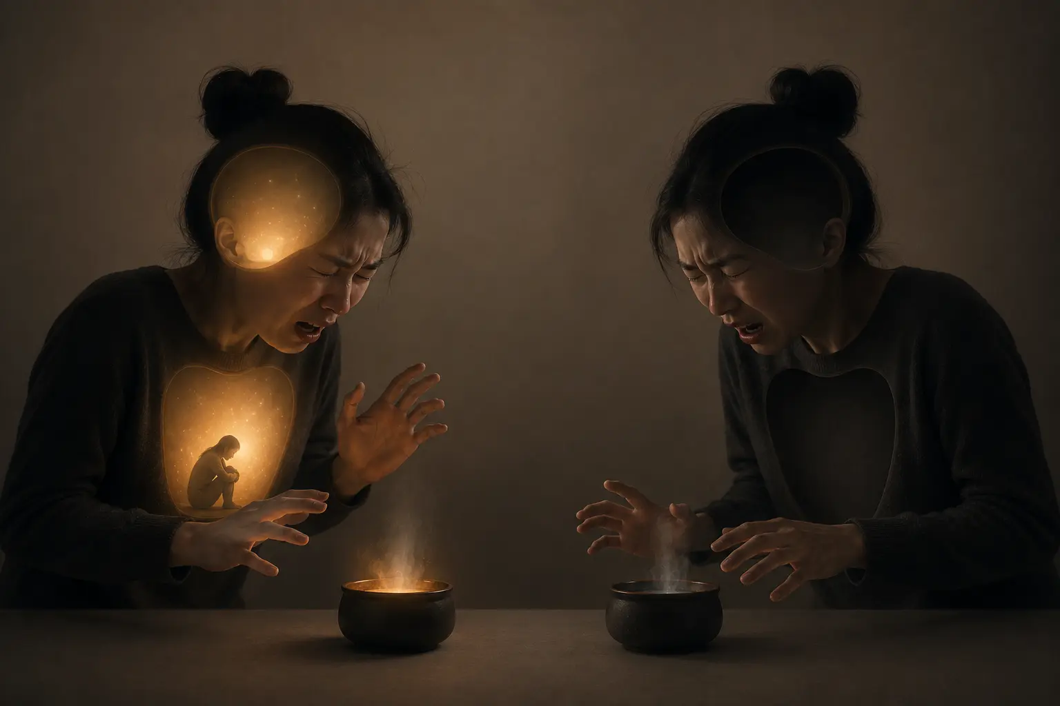 A symbolic illustration contrasting pain reaction and conscious pain experience