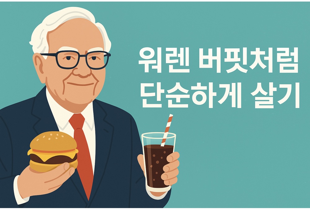 치즈버거와 콜라를 들고 있는 워렌 버핏의 일러스트 이미지, 단순한 식습관을 상징