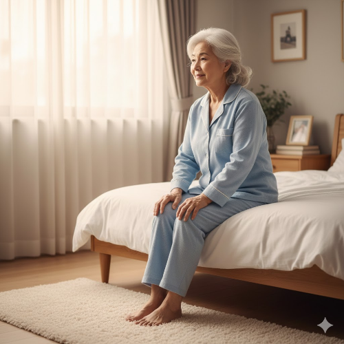 밝고 아늑한 침실에서 한 어르신이 침대 가장자리에 바른 자세로 걸터앉아 있는 모습. 급하게 일어나지 않고 잠시 발을 바닥에 대고 안정감을 찾으며 휴식을 취하는 평온한 분위기의 사진이다. 무리한 움직임 없이 천천히 기상을 준비하는 노년층의 올바른 습관을 보여주고 있다.