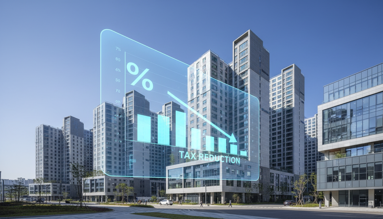 루원시티 대성베르힐 아파트 전경과 세금 절약을 상징하는 하락하는 그래프 홀로그램 이미지