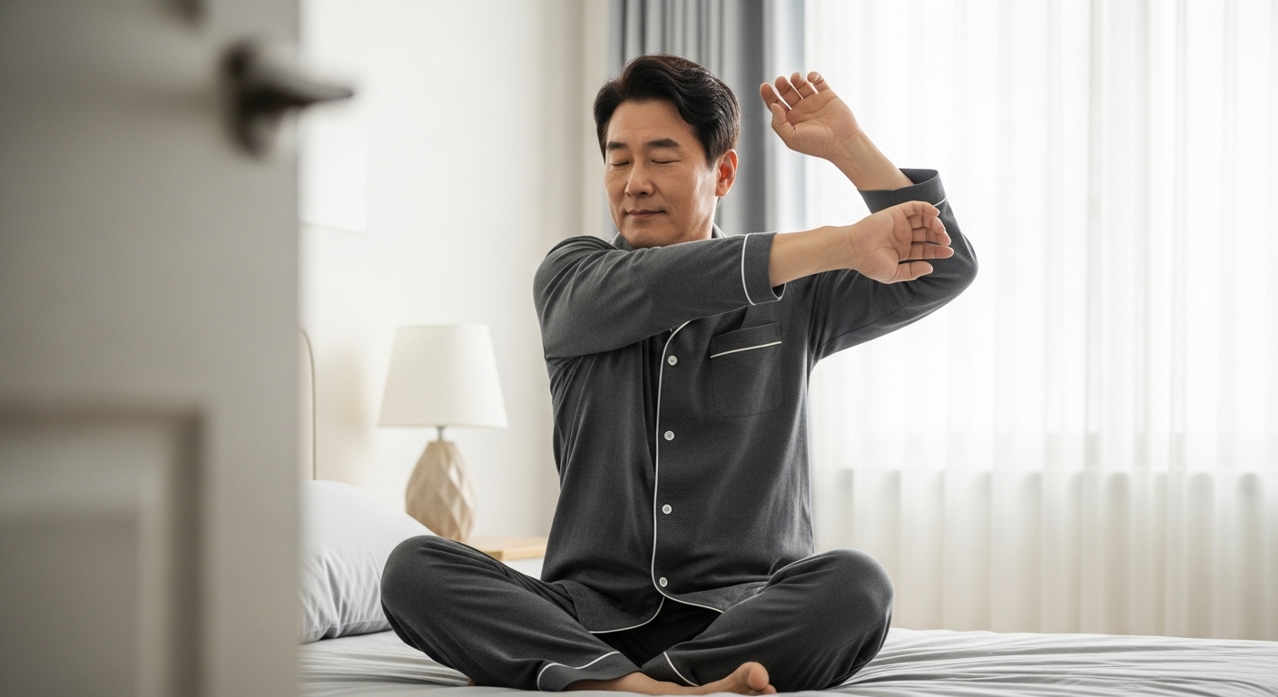 남성의 부드러운 취침 전 스트레칭 장면