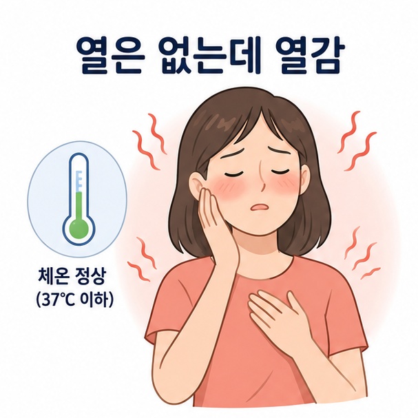 체온은 정상인데 얼굴과 상체에 열감을 느끼는 상태를 표현한 이미지