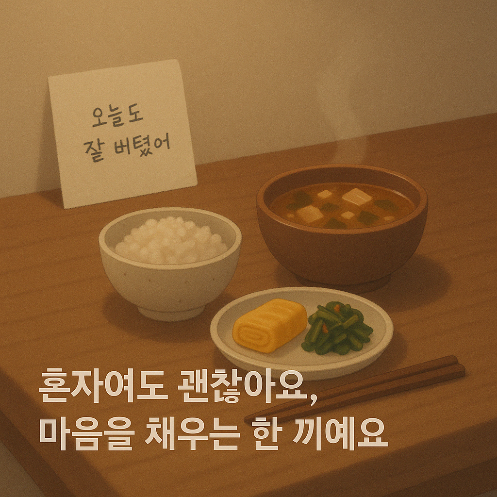혼자여도 마음을 채우는 한 끼 식사 상차림 그림과 포스트잇 "오늘도 잘 버텼어." 라는 글씨가 적혀있는 그림