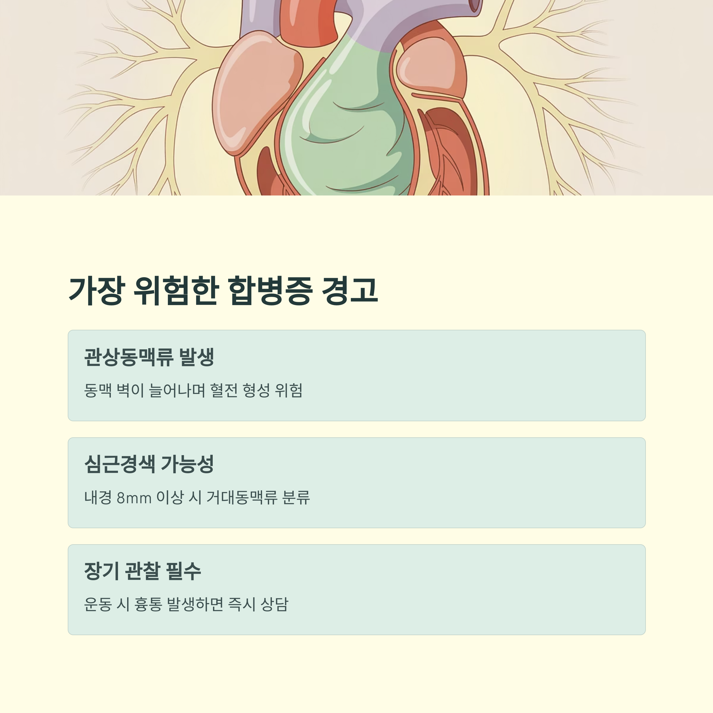심장의 단면 일러스트와 함께 관상동맥류, 심근경색 위험성 등 가와사키병의 심각한 합병증을 경고하는 이미지