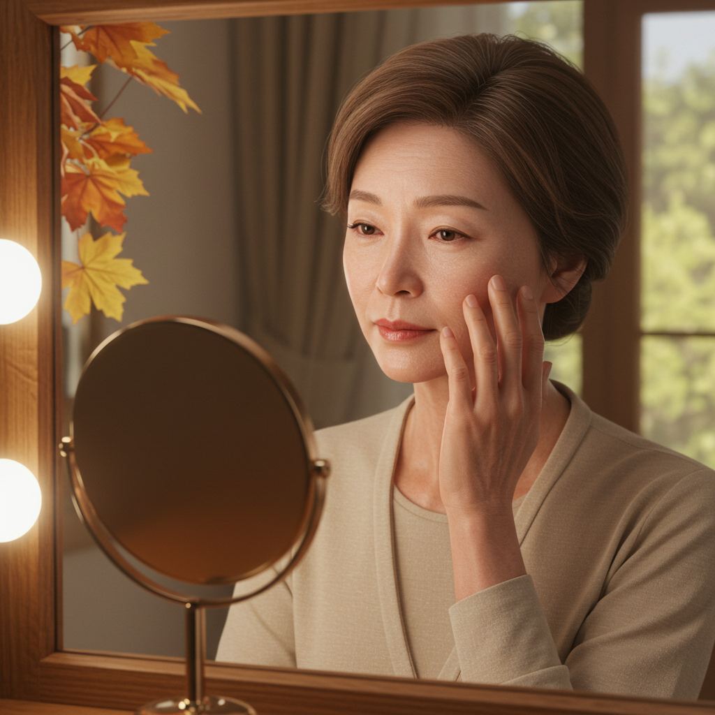 거울 앞에서 얼굴을 만지며 건조한 피부 상태를 확인하는 50대 한국 여성.