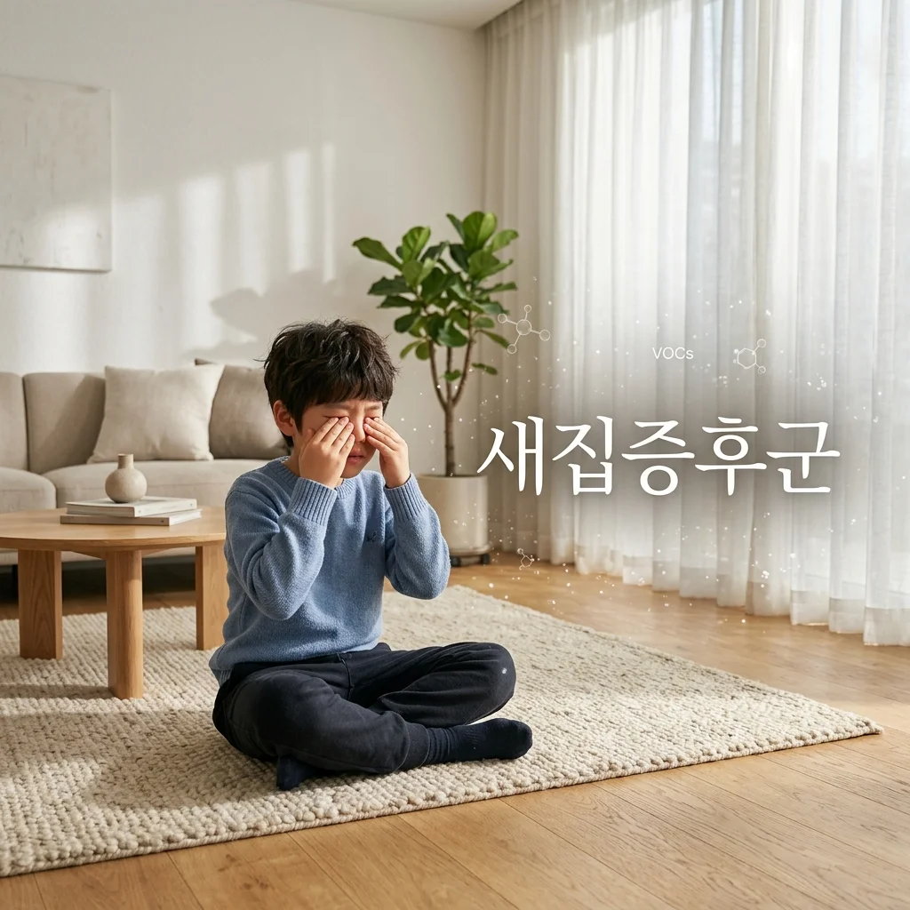 리모델링 후 따뜻한 미니멀리즘 거실에서 새집증후군으로 눈과 코가 따가워 괴로워하는 아이의 모습
