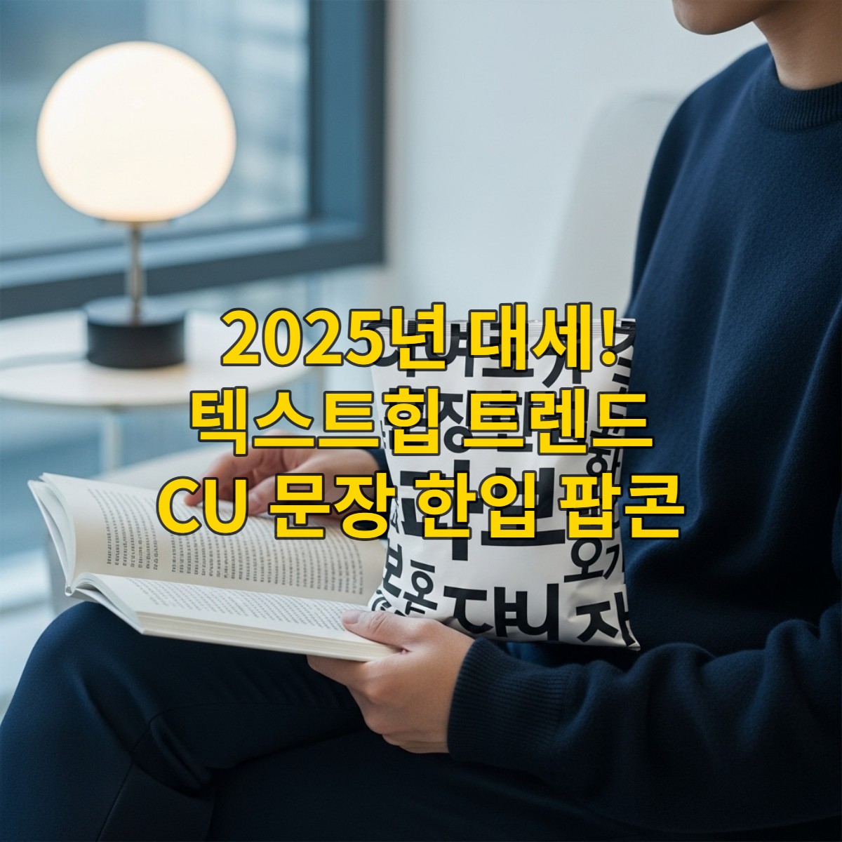 세련된 도시 공간에서 팝콘 봉투를 든 채 여유롭게 독서하는 MZ세대의 모습. 텍스트힙 트렌드를 반영한 현대적인 독서 문화를 표현.
