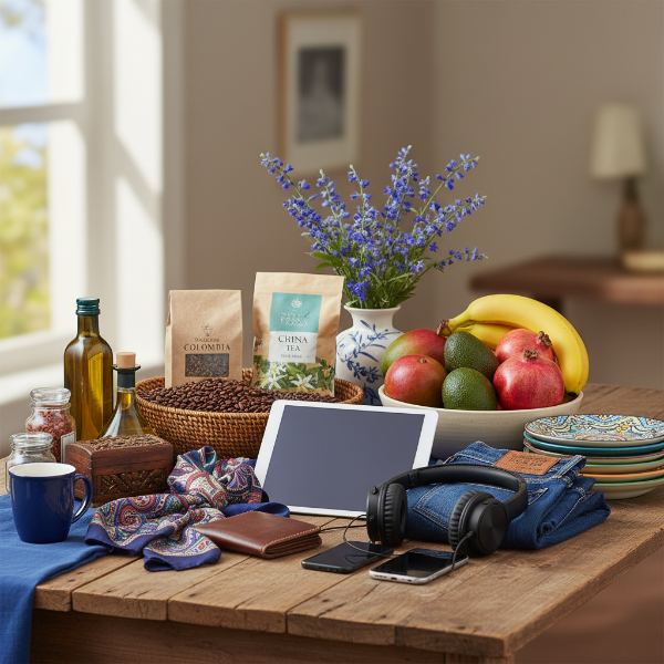 해외 직구로 구매한 다양한 식료품, IT 기기, 패션 아이템 등 글로벌 무역이 가져다주는 풍요로운 일상을 보여주는 이미지