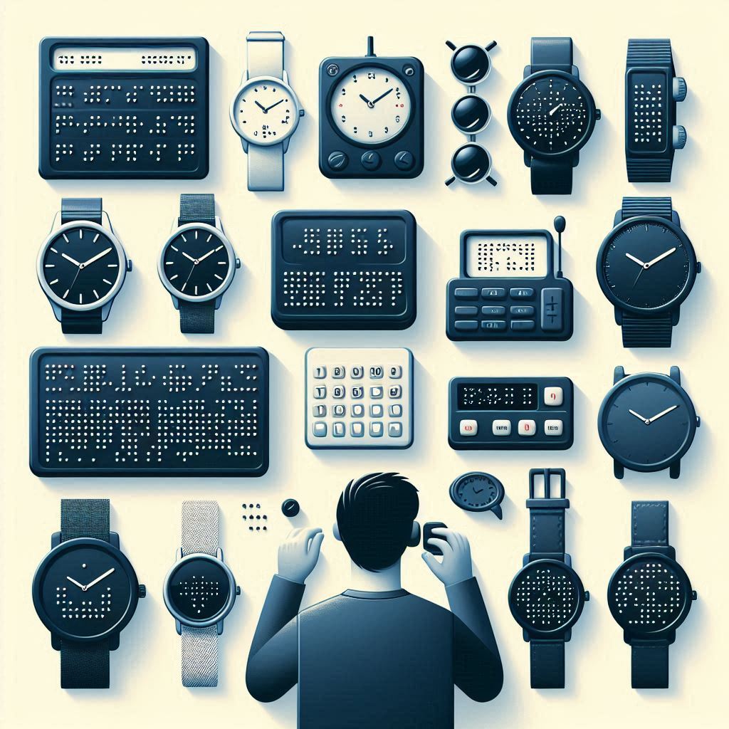 다양한 종류의 점자시계들이 나란히 놓여있는 모습. 아날로그 점자시계, 디지털 점자시계, 점자 스마트워치 등이 보이며, 옆에는 시각장애인이 점자시계를 사용하는 모습이 있다.