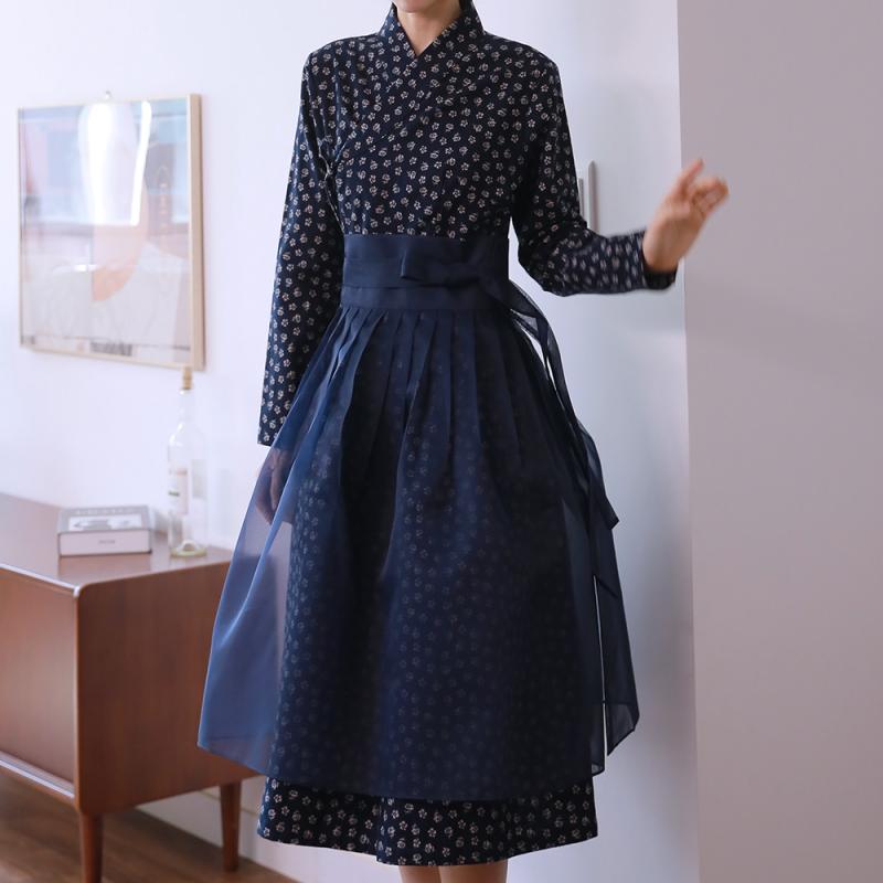 겨울생활한복 면기모 철릭원피스 플라워 딥블루