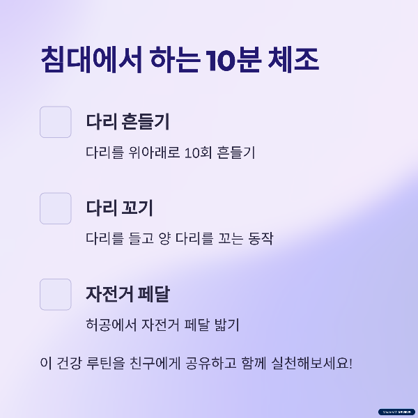 누구나 건강하게 오래 살고 싶어합니다. 하지만 막상 매일 실천할 수 있는 간단한 건강 루틴을 찾기는 어렵죠. 오늘은 103세에 이른 일본의 최고령 약사가 실천하는 &lsquo;아침 10분 체조&rsquo;와 &lsquo;아침 식단&rsquo;을 소개합니다. 이 글을 읽고 나면 당신도 내일부터 실천하고 싶은 건강 루틴을 얻게 될 것입니다.

103세 약사의 놀라운 장수 비결, 아침 10분
일본 도쿄에 사는 하타모토 케이사 씨는 기네스북에 등재된 세계 최고령 약사입니다. 1922년생인 그녀는 70년 넘게 약국을 운영하고 있으며, 지금도 주 6일 근무를 이어가고 있습니다. 그녀의 건강 비결은 과연 무엇일까요?

바로 아침 기상 직후 10분간의 체조입니다. 침대에서 일어나기 전, 누운 채로 실천하는 간단한 동작들이 하루의 혈액순환을 돕고 신진대사를 촉진합니다. 특히 유연성과 근력을 동시에 자극하여 나이가 들어도 건강한 몸을 유지할 수 있는 비결이라고 합니다.

아침 체조, 이렇게 따라 해보세요
다리를 위아래로 10회 흔들기
다리를 들고 양 다리를 꼬는 동작
허공에서 자전거 페달 밟기
한쪽 팔을 반대편으로 넘기는 스트레칭
이 동작들은 침대 위에서 누운 채로 할 수 있는 간단한 체조지만, 그 효과는 아주 큽니다. 혈액이 온몸을 순환하면서 하루를 활기차게 시작할 수 있죠.

아침 식단의 핵심 &ndash; 단백질과 콜린이 풍부한 달걀
건강하게 오래 사는 사람들의 또 다른 공통점은 균형 잡힌 아침 식사입니다. 특히 단백질 섭취는 필수입니다. 하타모토 씨는 삶은 달걀과 삶은 콩을 꼭 챙겨 먹는다고 밝혔습니다.

달걀 노른자에는 콜린(choline)이라는 성분이 풍부한데, 이 성분은 뇌 건강과 기억력 유지에 큰 도움을 줍니다. 또한 달걀은 근육 유지에도 좋은 고단백 식품이기 때문에 고령자에게 매우 유익합니다.

아침 식단의 구성 예시
삶은 달걀 1~2개
삶은 콩 또는 두부
통밀빵과 채소 샐러드
요거트 + 건포도
우유 또는 칼슘 보충 요구르트
이처럼 소화에 부담이 적고, 단백질과 칼슘, 식이섬유까지 고루 포함된 식단은 아침을 더욱 에너지 넘치게 만들어줍니다.

건강 장수의 핵심은 '작은 습관'에서 시작된다
건강 장수를 꿈꾼다면, 거창한 운동이나 극단적인 다이어트보다 아침 10분의 작은 습관이 훨씬 중요할 수 있습니다. 침대에서의 간단한 체조와 영양 가득한 아침 식사는 하루를 결정짓는 핵심입니다.

특히 아침을 움직이며 시작하는 것은 유연성 운동의 대표적인 형태이며, 혈액순환 개선과 기분 전환에도 큰 도움이 됩니다. 하루 중 가장 중요한 시간대 중 하나인 아침을 어떻게 보내느냐가 건강 수명의 길이를 좌우할 수 있는 셈이죠.

실천 팁 &ndash; 오늘부터 바로 시작해보세요
다음은 이 루틴을 실생활에 적용하기 위한 몇 가지 팁입니다.

자명종 대신 스트레칭 알람을 설정하세요.
체조 동작을 포스트잇에 적어 머리맡에 붙여두세요.
아침 식단 재료를 주말에 미리 준비하세요.
가능하다면 가족과 함께 실천하며 루틴을 공유하세요.
이 작은 변화들이 쌓이면, 어느새 건강한 노후를 준비하고 있는 자신을 발견할 수 있을 것입니다.

결론 &ndash; 건강 수명을 위한 최선의 투자, 아침 10분
&lsquo;아침 10분 체조&rsquo;는 단지 몸을 움직이는 행위가 아닙니다. 그것은 인생의 리듬을 바꾸고, 건강 수명을 연장하는 가장 현실적인 습관입니다. 최고령 약사의 사례는 우리 모두에게 강력한 메시지를 던집니다. 지금 당장 실천할 수 있고, 그 효과는 평생 지속될 수 있다는 점에서 말이죠.

건강한 노후, 아침 10분의 기적에서 시작해보세요.