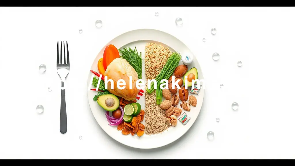 중앙에 균형 잡힌 식단을 상징하는 추상적인 접시가 놓여 있다. 접시의 한쪽에는 신선한 닭가슴살, 다양한 색깔의 채소, 통곡물(현미, 퀴노아), 아보카도, 견과류 등이 놓여 있는 이미지.