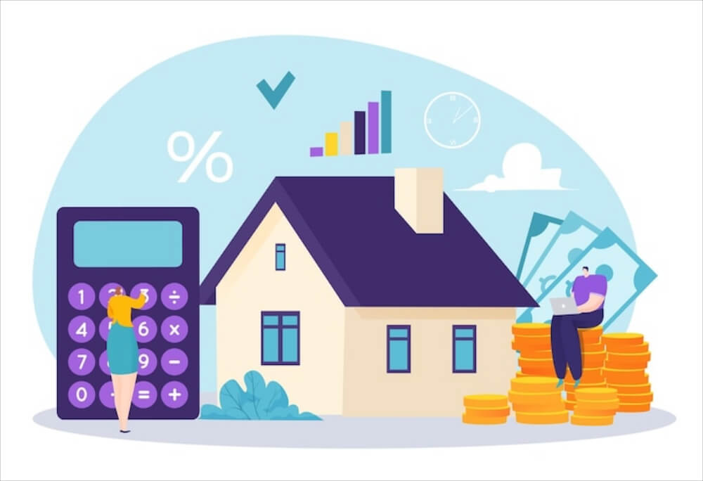 집과 계산기, 돈이 있는 이미지