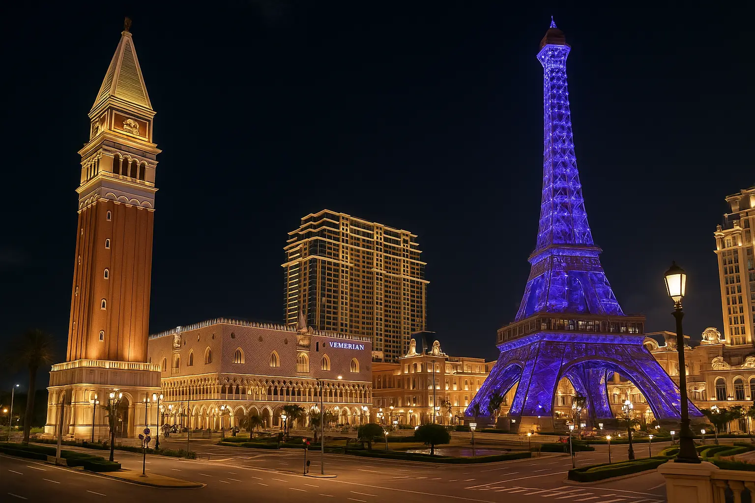 마카오 코타이 스트립 야경 &ndash; 파리지앵 에펠탑과 베네시안 마카오 전경