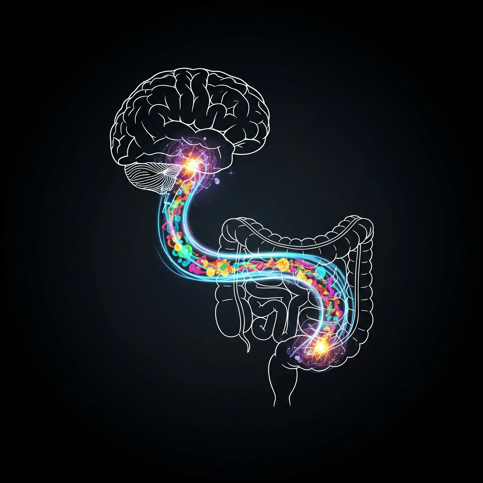 뇌와 장이 신경망으로 연결되어 정신 건강에 영향을 주는 장뇌축(Gut-Brain Axis)을 시각적으로 표현한 일러스트