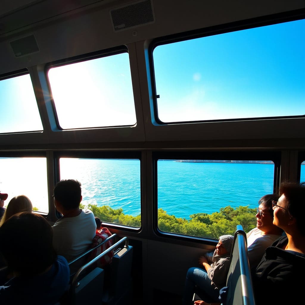 한강버스의 가장 큰 매력 중 하나인 '한강뷰'를 강조하여, 탑승 시 얻을 수 있는 특별한 경험을 시각적으로 전달합니다.