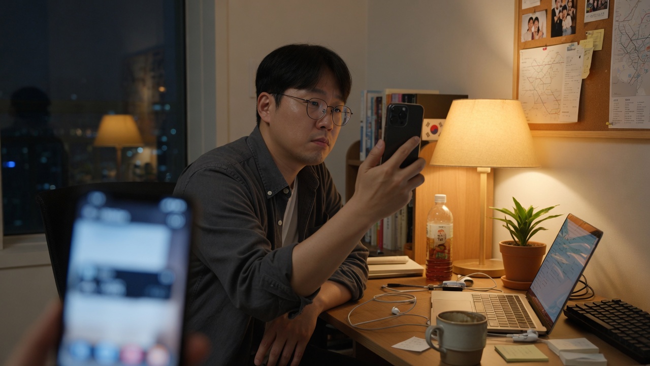 아파트 벽 모서리를 살펴보는 입주민