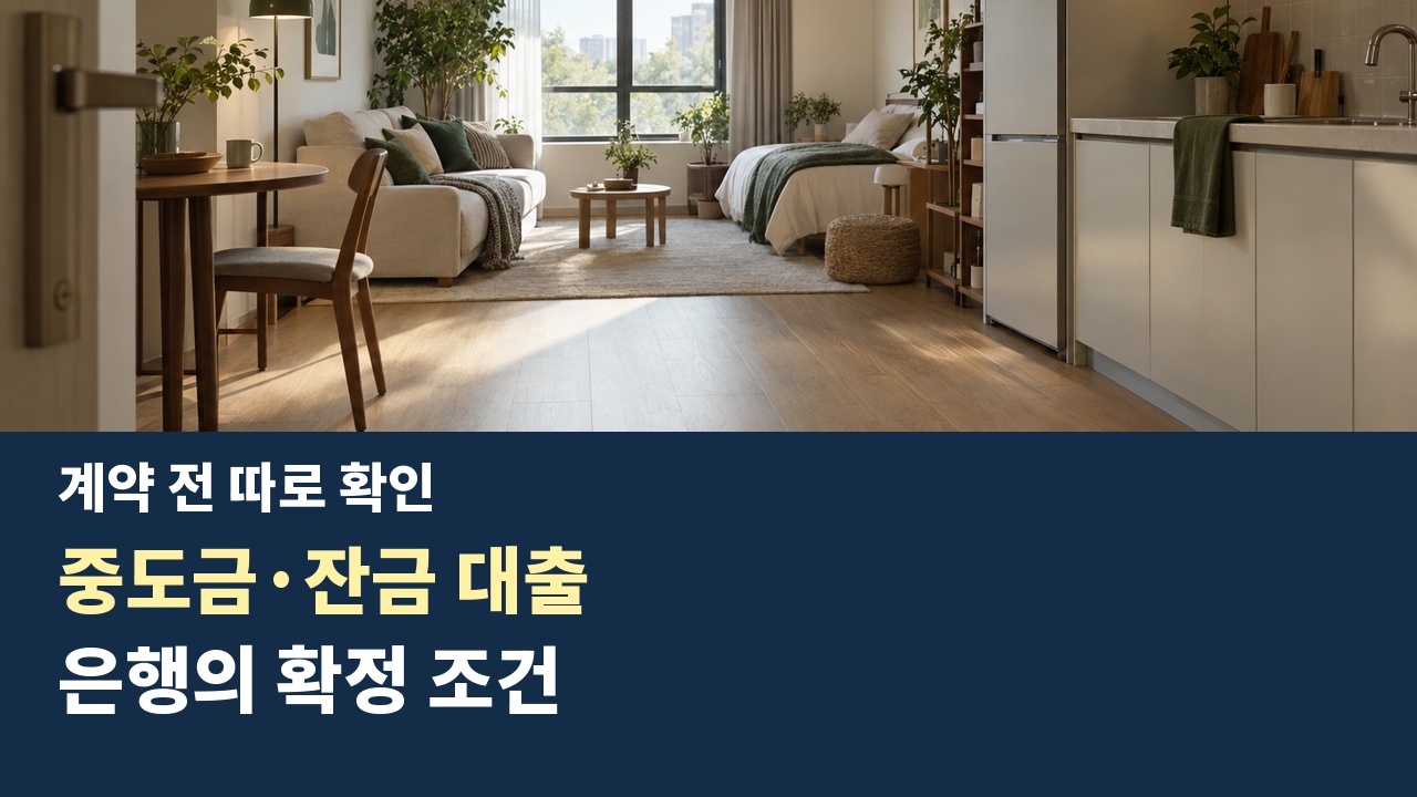 주거용 오피스텔 내부와 계약 전 중도금·잔금 대출 및 은행 확정 조건을 각각 확인하는 카드