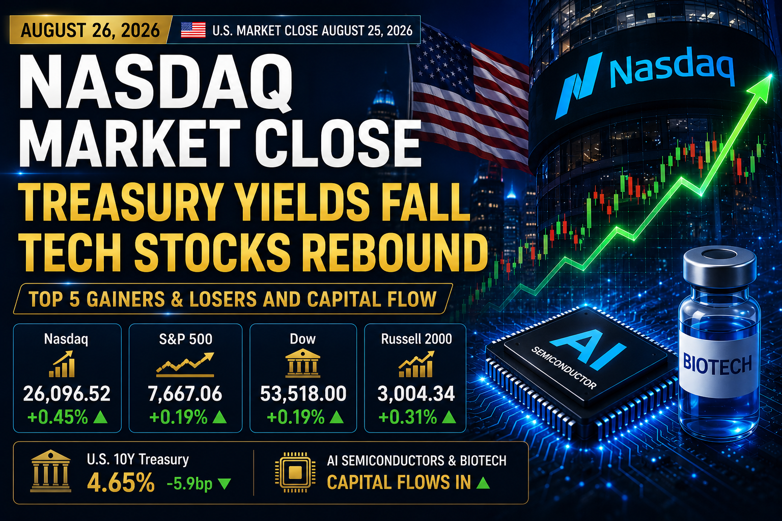August 26 2026 Nasdaq market close analysis showing falling Treasury yields, tech stock rebound, AI semiconductor and biotech capital flows