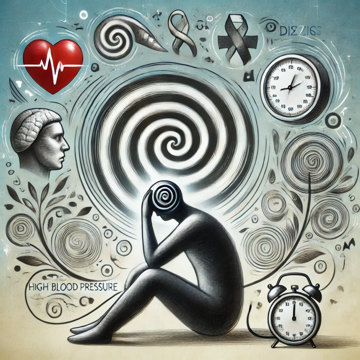 고혈압으로 인한 어지럼증을 표현한 이미지, 머리 주변에 어지럼을 상징하는 소용돌이 그래픽 포함.