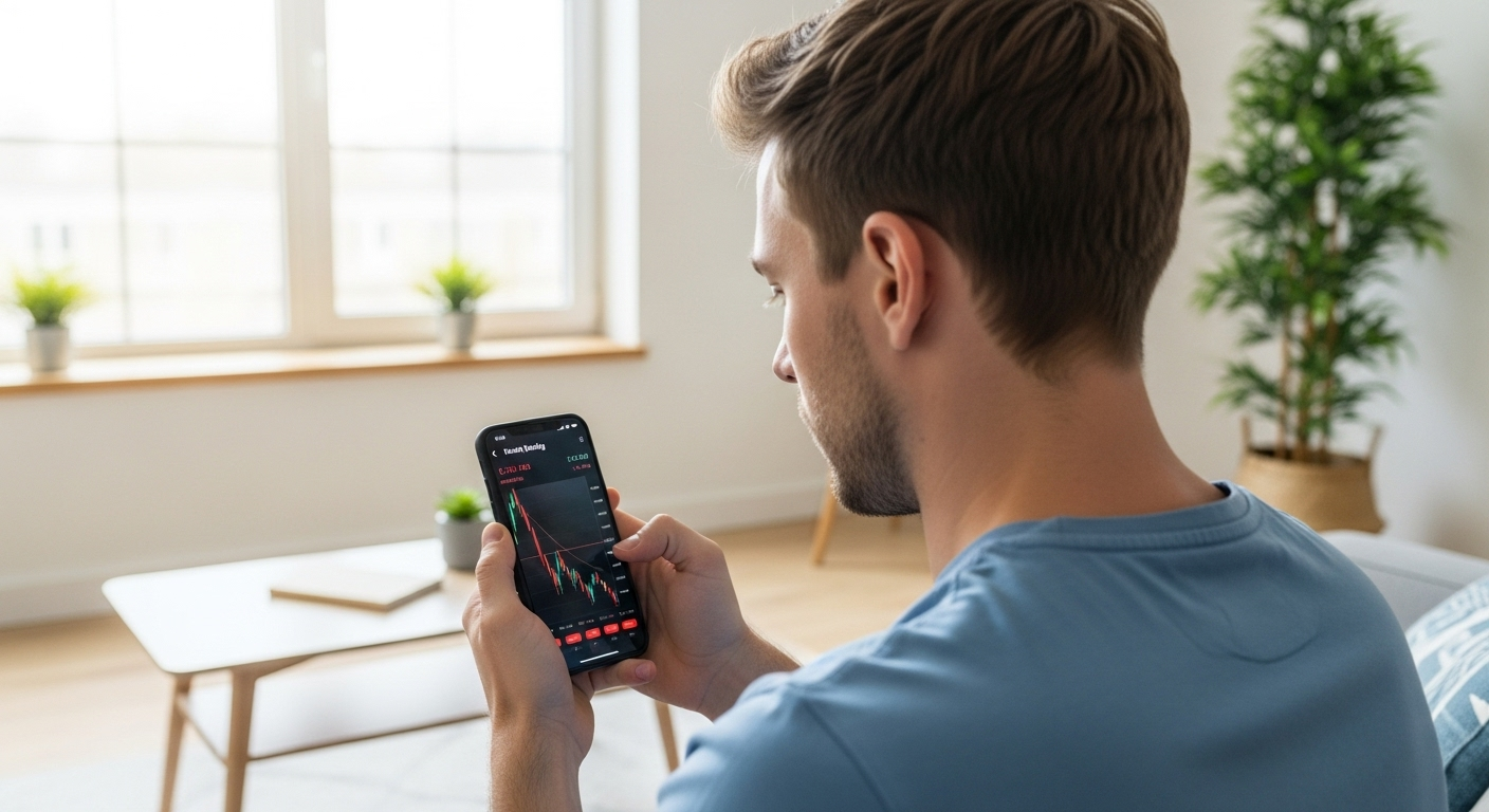 스마트폰으로 주가를 확인하며 고민하는 초보 투자자의 모습