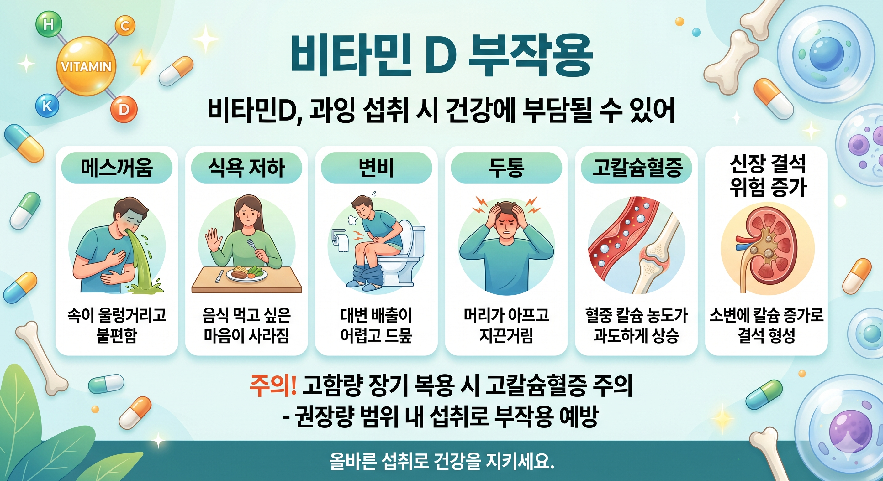 과다 복용시 메스꺼움, 고칼슘혈증 등 비타민D 부작용 야기