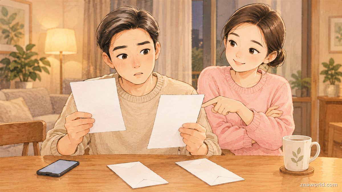 7월과 9월 재산세 고지서 두 장을 비교하는 아빠와 엄마