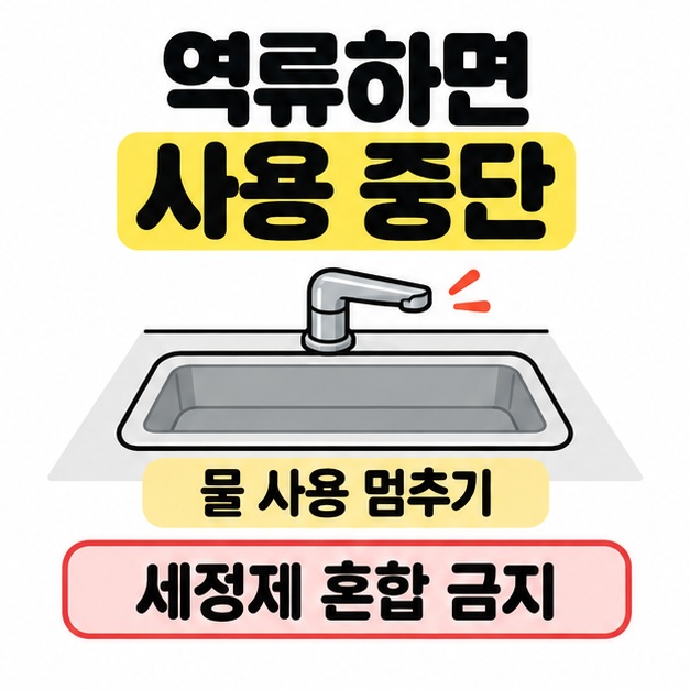 잠근 수도꼭지와 싱크대 아래 물 사용 멈추기, 세정제 혼합 금지 문구를 표시한 역류 대처 안내