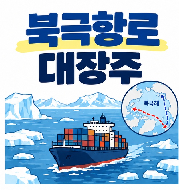 북극해를 지나는 컨테이너선과 얼음 바다 그림 옆에 북극항로 대장주 제목을 크게 표시한 카드