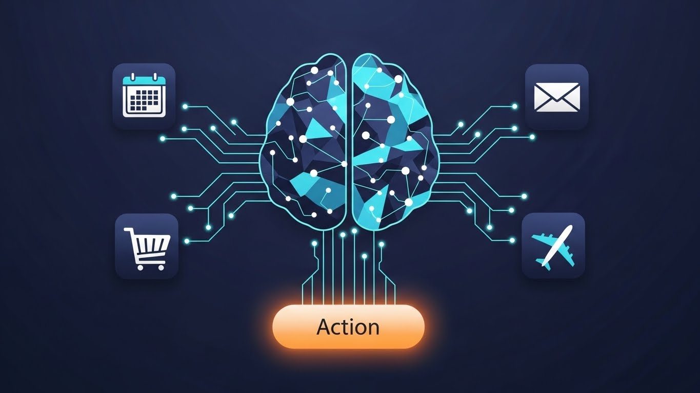 사용자의 일상 앱과 연결되어 다양한 업무를 통합적으로 처리하는 AI 에이전트의 중심 제어 시스템 상징 그래픽