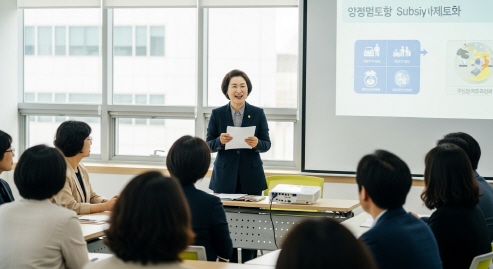 공공기관 직원이 마이크로 발표 중인 장면