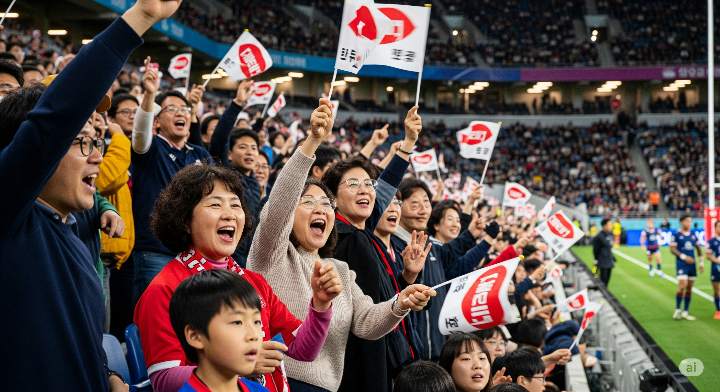 럭비 경기장에서 열정적으로 응원하는 관중들의 모습
