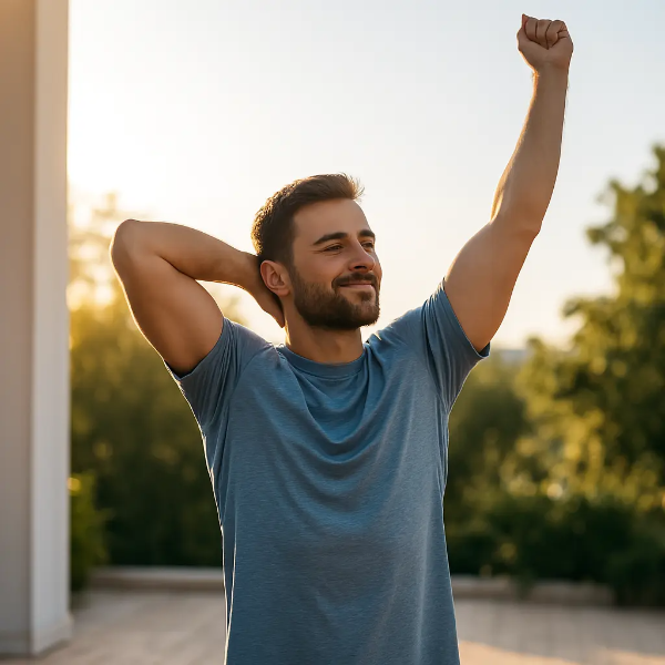 아침 햇살 아래 스트레칭하는 건강한 남성