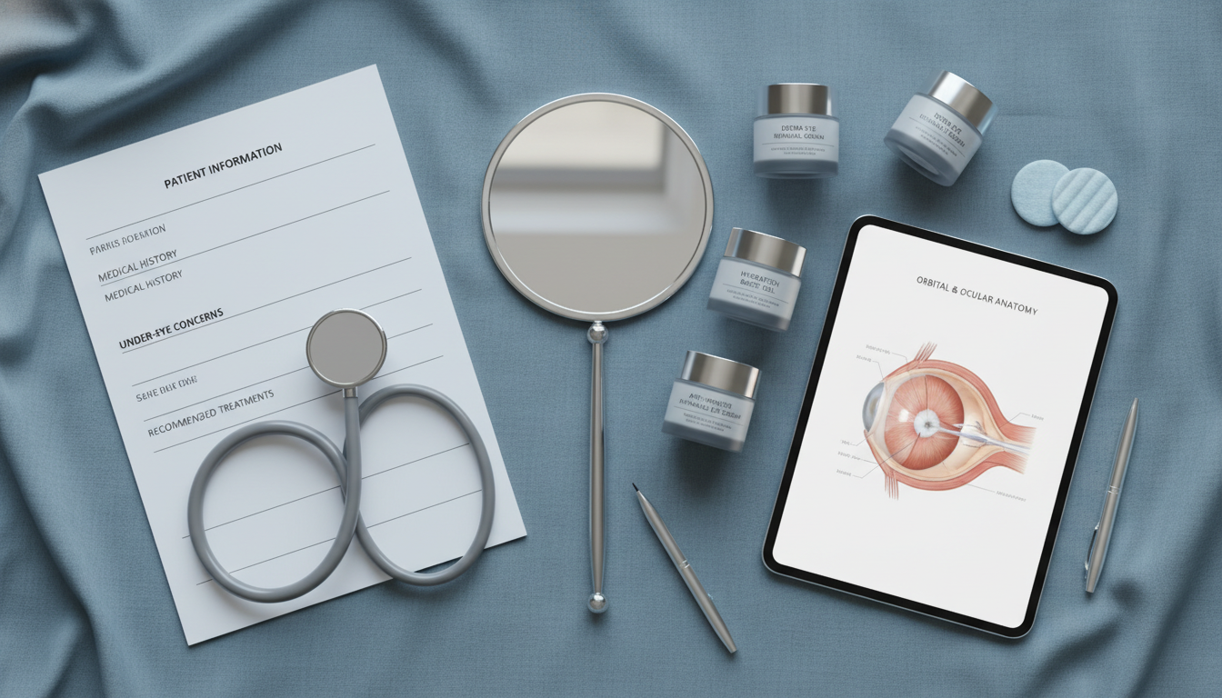 눈밑지방재배치 상담과 관련된 진료 차트, 거울, 그리고 아이크림이 놓여있는 깔끔한 블루-그레이 톤의 이미지