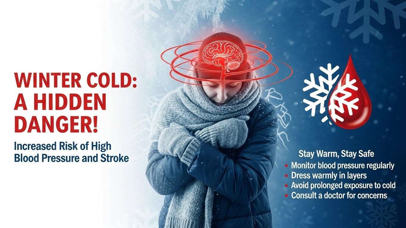 겨울철 추위로 인한 혈압 상승과 뇌졸중 위험을 경고하는 그래픽 이미지