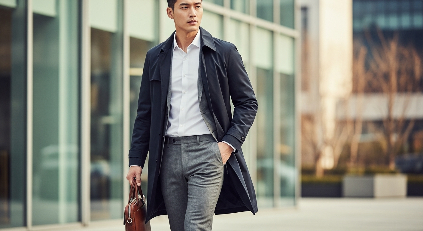 셔츠와 슬랙스 위에 검은새 트렌지형 바람막이를 코디한 남성