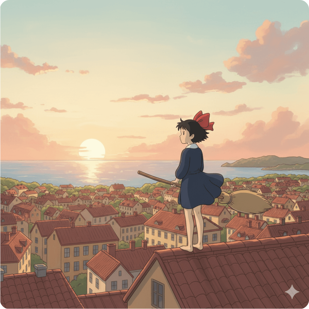 alt="석양빛 도시 지붕 위에 서서 바다를 바라보는 소녀 키키의 모습. 검은 머리와 빨간 리본이 돋보이는 따뜻한 일러스트로, 성장과 자립의 순간을 상징함."