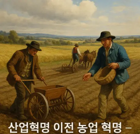 산업혁명 이전 농업 혁명을 상징하는 유럽 농부들의 밭일 풍경, 씨드 드릴과 쟁기를 사용하는 모습